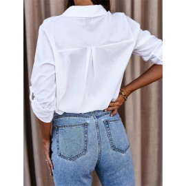 Solid Button Down Shirt, Casual Roll Up Sleeve Curved Hem Shirt, Women's Clothing