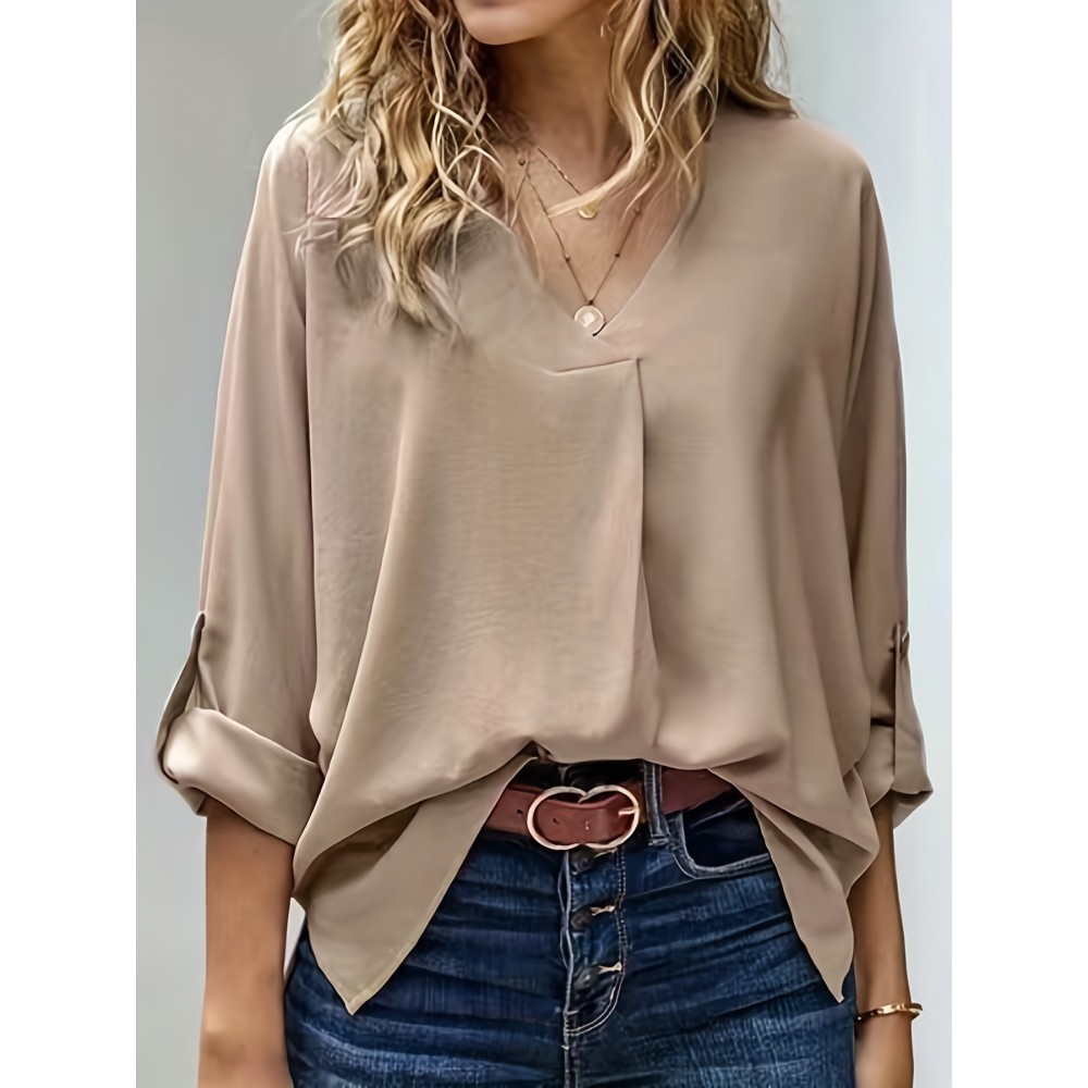 Tucked Rollable Sleeve Blouse, Casual V Neck Simple Blouse, Women's Clothing