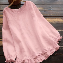 Ruffle Hem Solid Blouse, Casual Crew Neck Long Sleeve Blouse, Women's Clothing