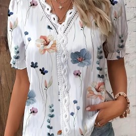 Floral Print V Neck Lace Trim Blouse, Boho Puff Sleeve Blouse For Summer, Women's Clothing