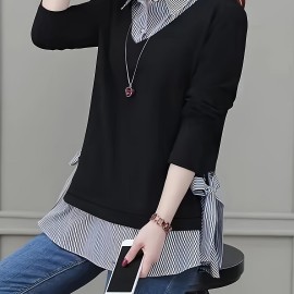 Striped Print Faux Twinset Blouse, Casual Long Sleeve Knot Hem Blouse For Spring & Fall, Women's Clothing