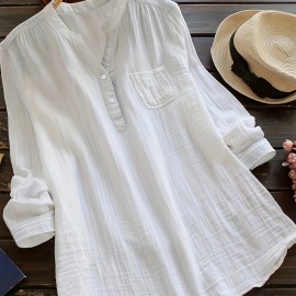 Solid Button Front Blouse, Casual V Neck Long Sleeve Blouse, Women's Clothing