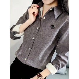 Button Front Embroidered Shirt, Casual Long Sleeve Shirt For Fall & Winter, Women's Clothing