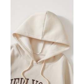 Letter Print Drawstring Hoodie, Casual Long Sleeve Drop Shoulder Hoodie, Women's Clothing