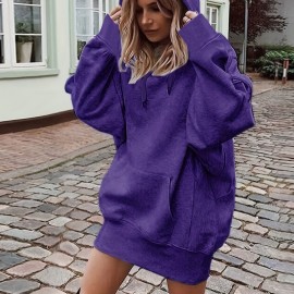 Solid Color Kangaroo Pocket Hoodie, Casual Long Sleeve Thigh Length Drawstring Hoodie Sweatshirt, Women's Clothing
