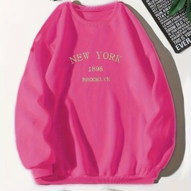 New York Brooklyn Print Loose Sweatshirt, Casual Long Sleeve Crew Neck Sweatshirt, Women's Clothing