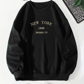 New York Brooklyn Print Loose Sweatshirt, Casual Long Sleeve Crew Neck Sweatshirt, Women's Clothing