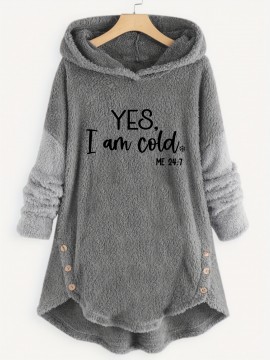 Letter Print Fleece Loose Hoodie, Casual Button Long Sleeve Warm Sweatshirt, Women's Clothing