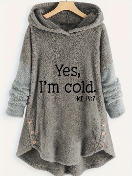 Letter Print Button Decor Teddy Hoodie, Casual Long Sleeve Hoodie Sweatshirt, Women's Clothing