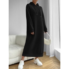 Solid Drawstring Hooded Dress, Casual Long Sleeve Loose Dress, Women's Clothing