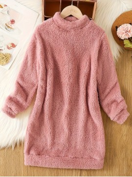 Solid Fuzzy Mock Neck Dress, Casual Long Sleeve Dress For Fall & Winter, Women's Clothing