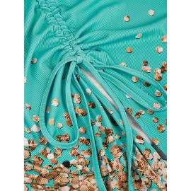 Leopard Print Drawstring Dress, Sexy Crew Neck Sleeveless Maxi Dress, Women's Clothing