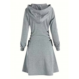 Drawstring Hooded Dress, Casual Long Sleeve Solid Dress, Women's Clothing