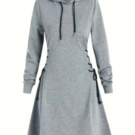 Drawstring Hooded Dress, Casual Long Sleeve Solid Dress, Women's Clothing