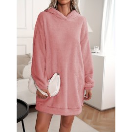 Hooded Teddy Dress, Casual Solid Long Sleeve Warm Dress, Women's Clothing
