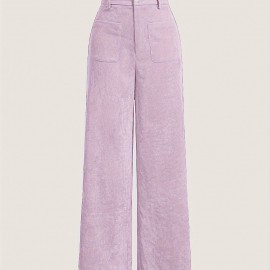 Solid Corduroy Straight Leg Pants, Vintage Patched Pocket Loose Pants, Women's Clothing