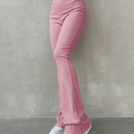 Solid Ribbed Flare Leg Pants, High Waist Slim Elastic Pants, Women's Clothing