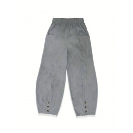 Solid Corduroy Patched Pockets Pants, Casual Loose Button Decor Pants For Spring & Fall, Women's Clothing