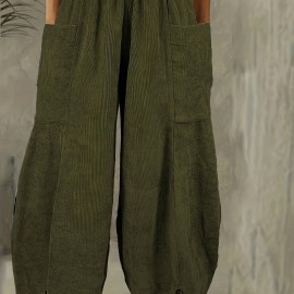 Solid Corduroy Patched Pockets Pants, Casual Loose Button Decor Pants For Spring & Fall, Women's Clothing