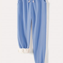 Solid Drawstring Thermal Sweatpants, Versatile Loose Comfy Jogger Pants, Women's Clothing