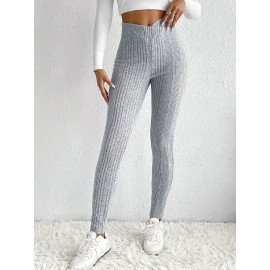Solid Rib Knit Skinny Pants, Casual Crisscross Waist Daily Pants, Women's Clothing