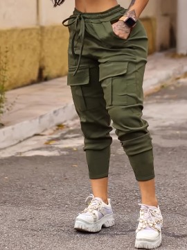 Solid Flap Pocket Jogger Cargo Pants, Casual Drawstring Pants For Spring & Fall, Women's Clothing